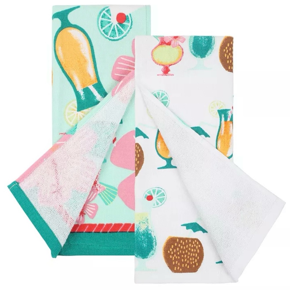 Set of 2 It’s 5 o’clock Somewhere Kitchen Towels Tropical Cocktail Drinks - Picture 2 of 4